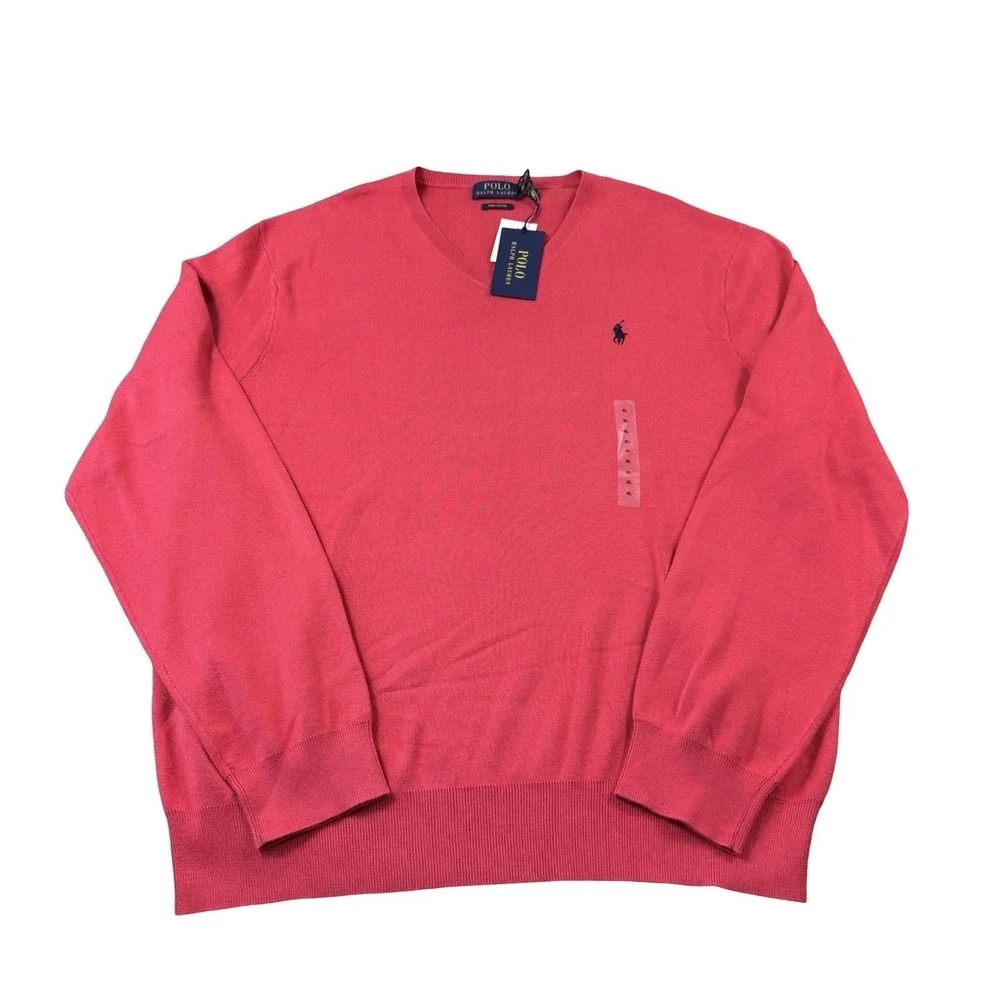 Polo Ralph Lauren Red Pima Cotton V Neck L/S Mens Sweater Size XL NWT